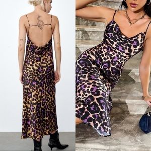 NWT Zara Silky Leopard Purple Open Back Midi Dress sz XS